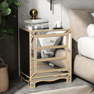 Commode 3 tiroirs avec miroir champagne attrayant. Et en verre épais. Idéal pour les salons, les chambres à coucher et les canapés. Résistant aux hautes températures, facile à nettoyer en douceur. Poignée en cristal