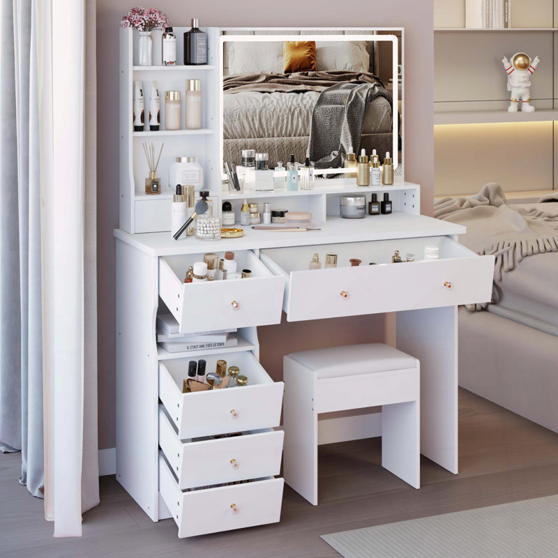 Grand bureau de meuble-lavabo 41 po avec miroir DEL, Blanc