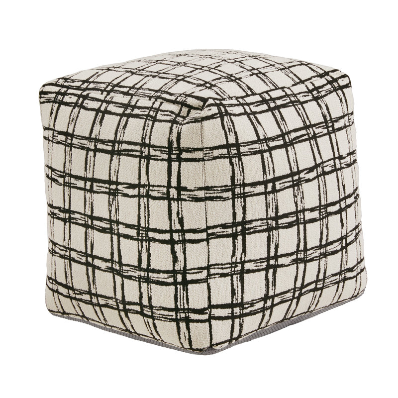 Doniphan Upholstered Square Pouf Ottoman, Ivory Plaid