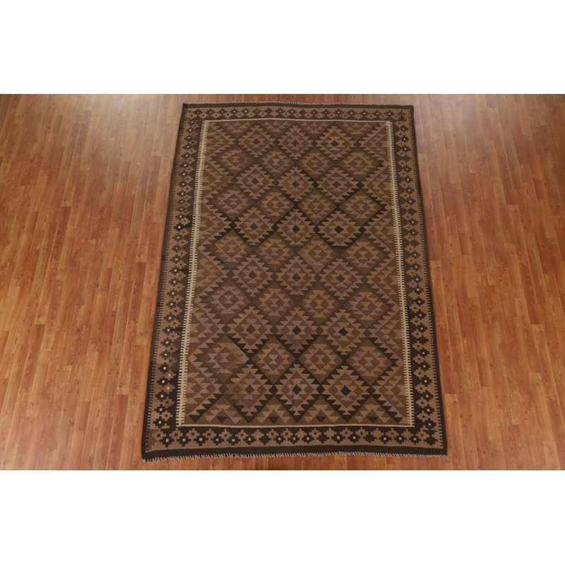 Tapis brun en laine noué à la main de conception unique 6 pi 7 po x 9 pi 7 po New Age