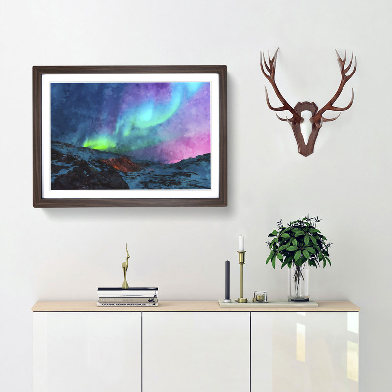 The Northern Lights Aurora Borealis - Picture Frame Painting Print, 45cm H x 63cm W x 2cm D, Walnut Framed