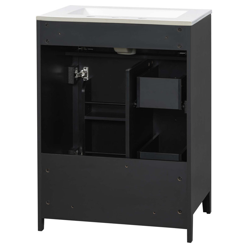 Meuble-lavabo moderne avec lavabo en céramique et rangement à fermeture en douceur, Noir