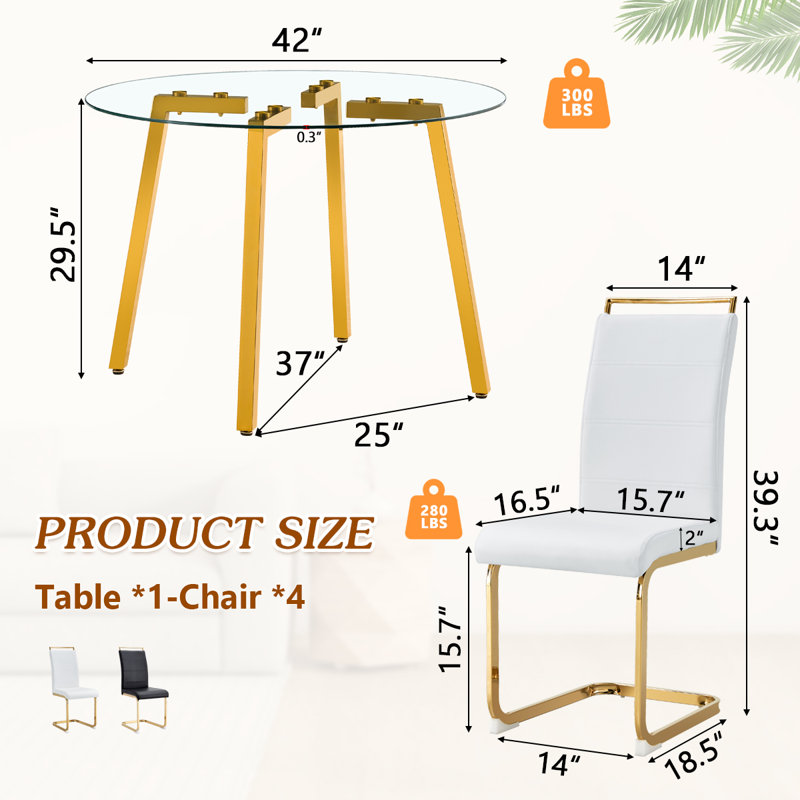 5-Piece Round Glass Dining Table Sets, 29.5"H x 42"L x 42"W, White