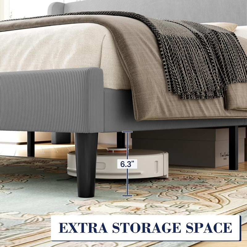 Platform Bed Frame With Upholstered Wingback Headboard, No Box Spring Needed, Queen, Grey