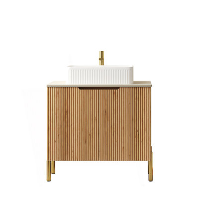 Meuble-lavabo de salle de bain avec lavabo rectangulaire en céramique, armoire de rangement autoportante avec 2 portes