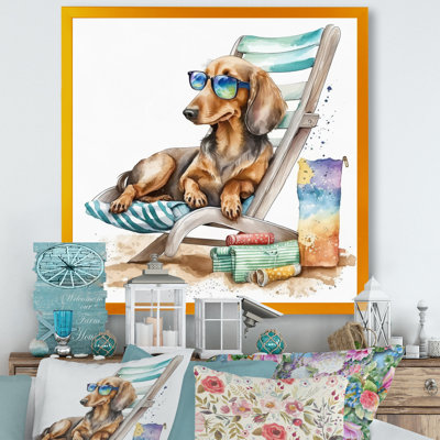 Chien se prélassant sur la plage avec des lunettes de soleil IV - reproduction d'art sur toile