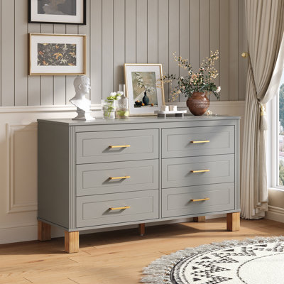 Commode 6 tiroirs, commode de rangement moderne avec poignées en métal et pieds en bois massif
