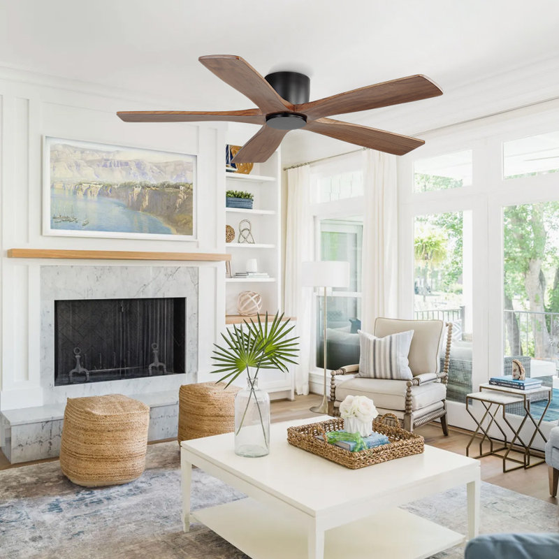 Milan 54inch 5 Solid Wood Blades Dc Motor Indoor Flush Mount Ceiling Fan With Remote, Black and Walnut, Black, 54", Brown