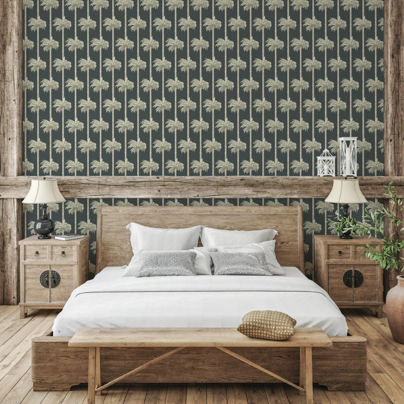 Retro Tiki Palm Trees - Wallpaper, Black, Faux Grasscloth