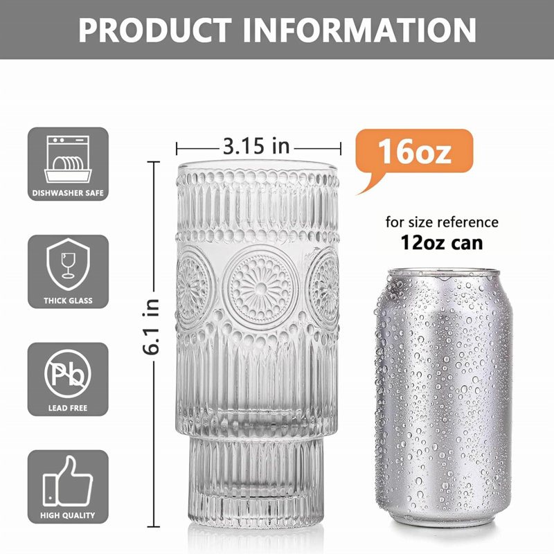 16oz Clear Ribbed Glass Cups with Floral Design, Set of 4