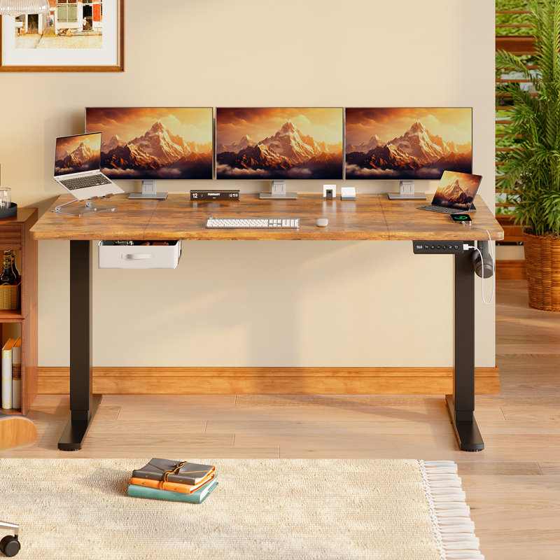 Electric Standing Desk Wide Desktop Height Adjustable Standing Desk With Drawer&Hooks, 118" H x 180" W x 80" D, Black, Brown