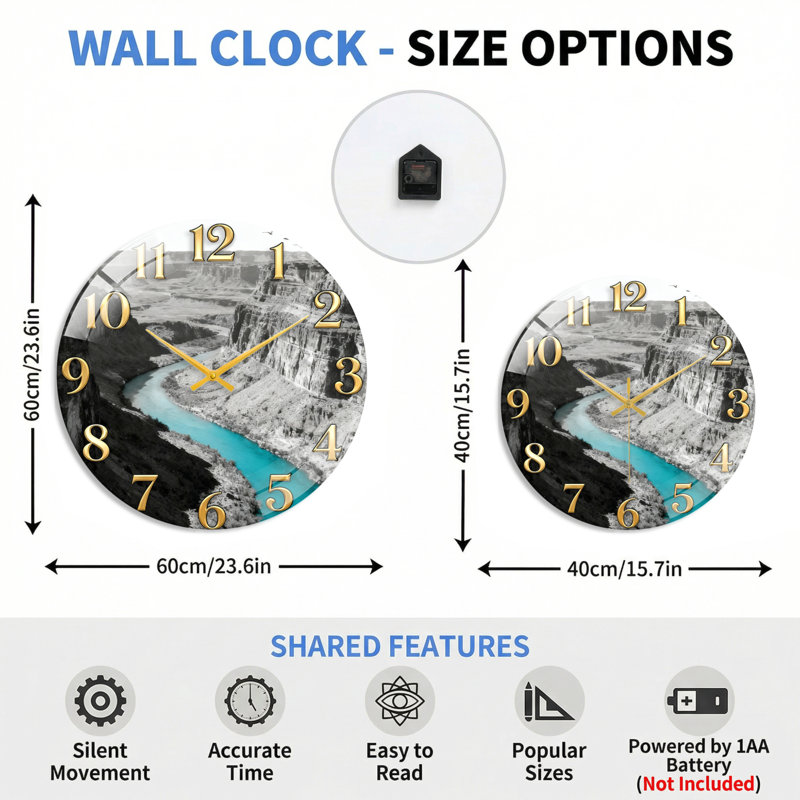 Horloge murale en verre Canyon River, 40 x 40 cm (15,7 x 15,7 pouces)
