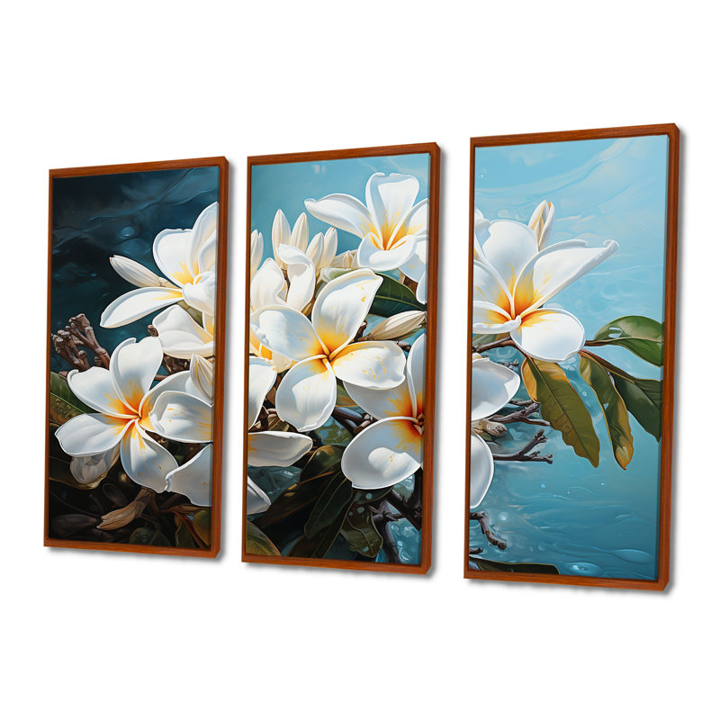 Méticuleusement rendu blanc Plumeria Blossoms - ensemble de reproduction d'art mural Plumeria, H 28 po x l 36 po x P 1 po