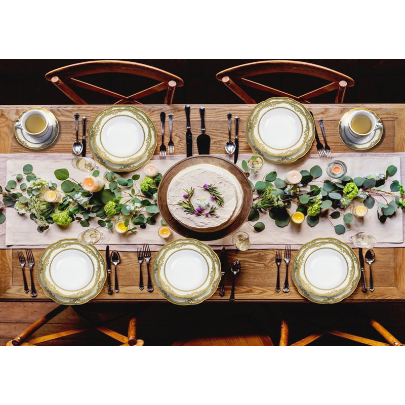 Isabella 57-Piece White and Gold Porcelain Dinnerware Set