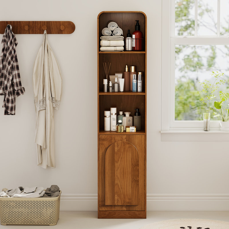 Narrow Storage Cabinet With Arched Door, 5 Tier Tall Cabinet With Shelves, Bathroom Cabinet, Walnut