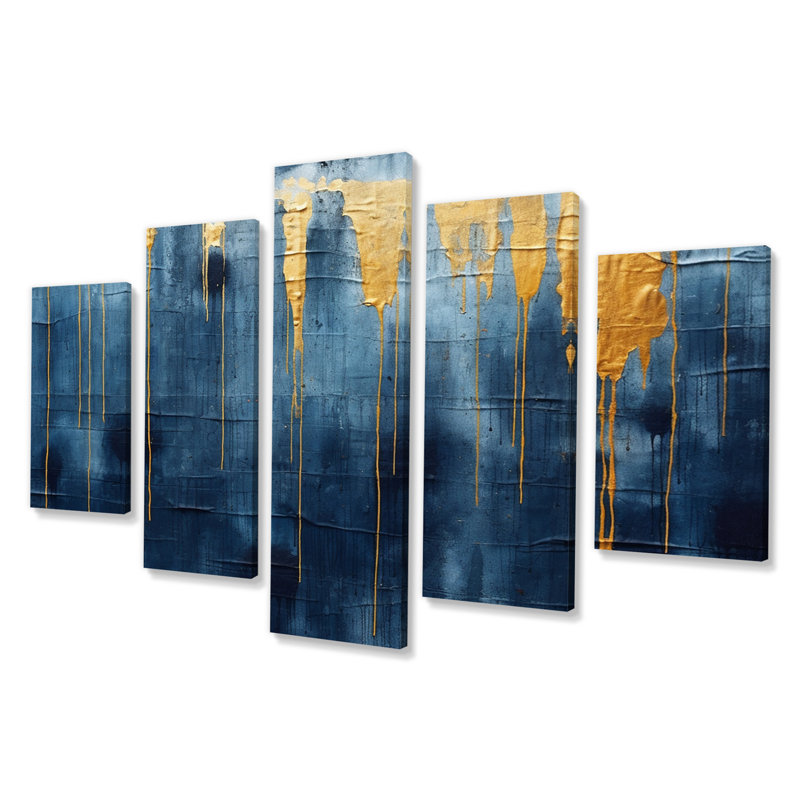 Tissu abstrait bleu et or - Art mural abstrait sur toile - 5 panneaux