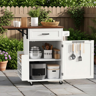 Îlot de cuisine de 39,3 po avec abattant, îlot de rangement de cuisine avec support latéral ouvert, un tiroir, porte-serviettes, chariot de cuisine roulant avec roues verrouillables pour jardin, blanc