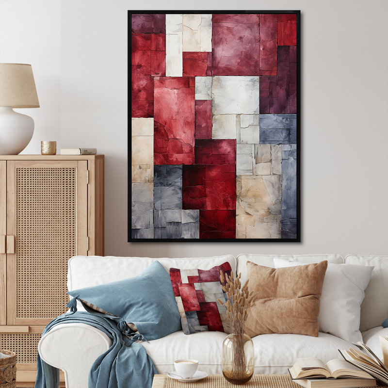 Maroon Mosaics Abstract Shapes - formes abstraites, art mural, Cadre flottant noir, H 32 po x l 16 po x P 1 po