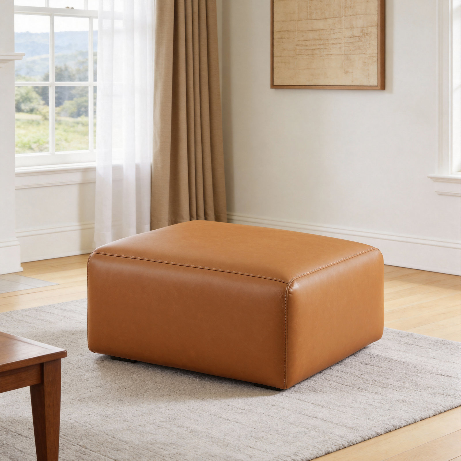 Genuine Leather Square Pouf Ottoman, Brown