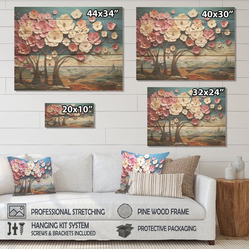 Dynamic White And Pink Petals Tree II - Tree On Wood Print, 30" H x 40" W x 0.78" D