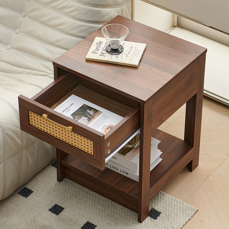 1-Drawer Rattan Nightstand with Open Storage Shelf, Walnut