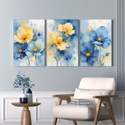 «Blue and Yellow Floral», reproduction d'art sur toile abstraite (ensemble de 3)