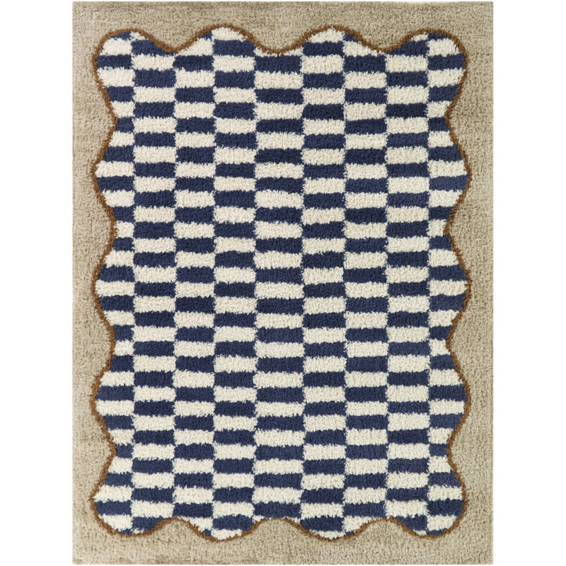 Timandra Navy/Beige Checkered Scallop Border Area Rug, 5'3" x 7'