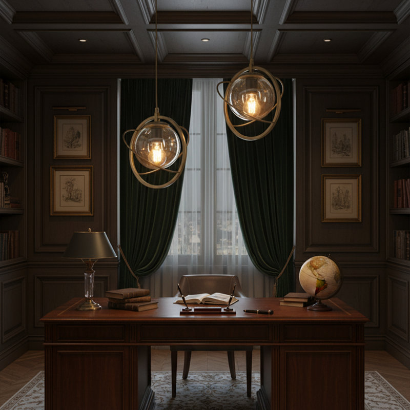 Luminaire suspendu pour îlot de cuisine 2 lumières avec hauteur réglable et capuchon sphérique, Ancien, Transparent