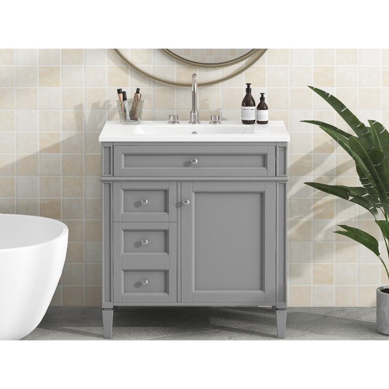 Meuble-lavabo simple 30 po, armoire moderne grise avec beaucoup de rangement, 2 tiroirs et un tiroir basculant pour lavabo,