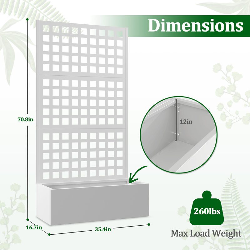 Metal Planter Box with Trellis Planter Trellis for Climbing Plants Vegetable Vines, White, 71'' H X 35'' W X 16'' D