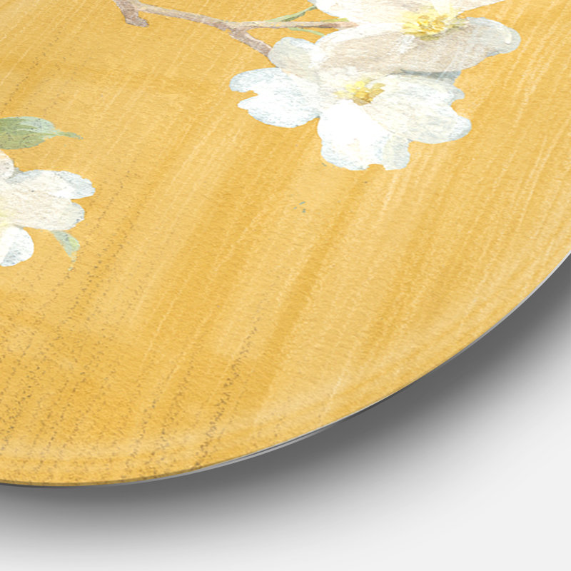 «Gold Bird on Blossoms II», reproduction d'art sur toile, cercle en métal, H 36 po x l 36 po