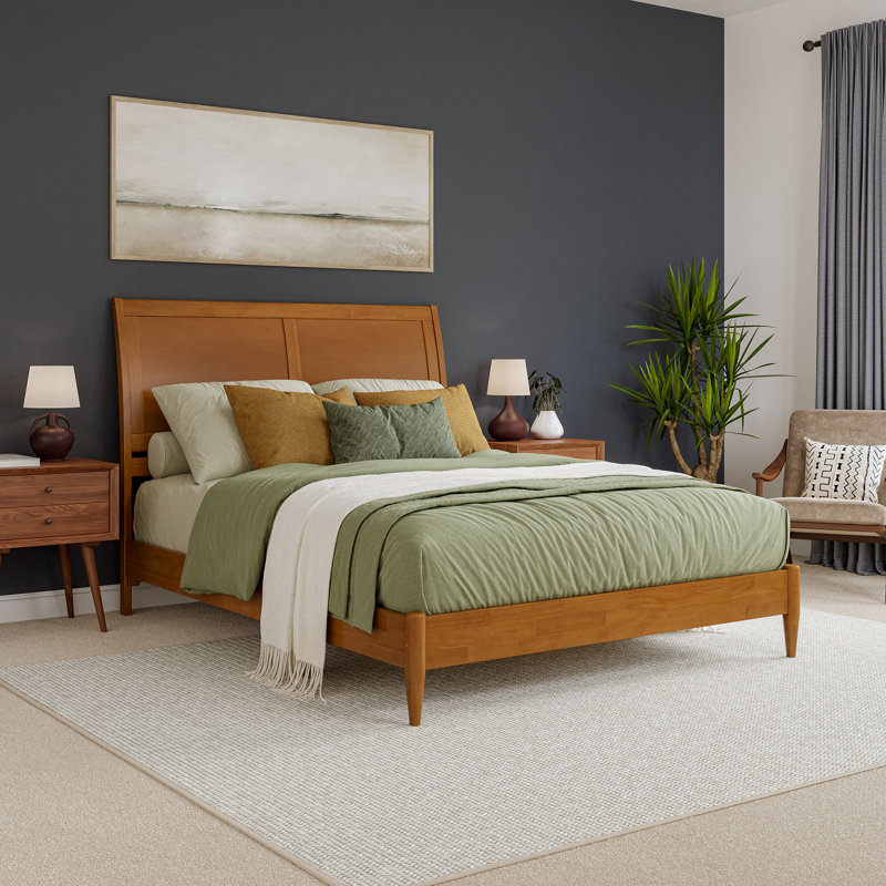 Lit plateforme en bois massif avec pied de lit assorti Ambrey, Grand, Caramel clair