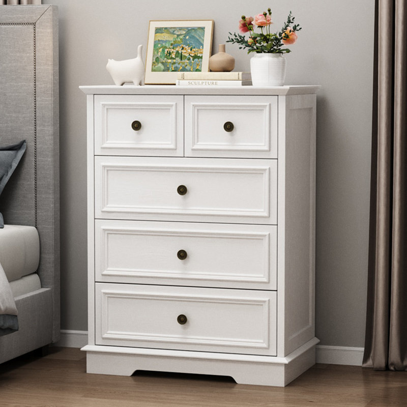 5-Drawer Dresser With Elegant Arched Base And Round Metal Knobs (Set Of 2）, White
