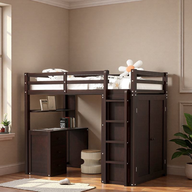 Lit mezzanine simple avec tiroirs, bureau et garde-robe, Lit simple, Espresso