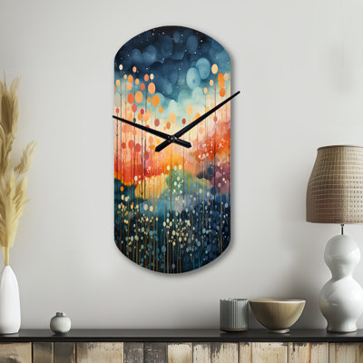 Bleu, rose, Mid Century Abstract Landscape - Mid Century, horloge murale asymétrique moderne