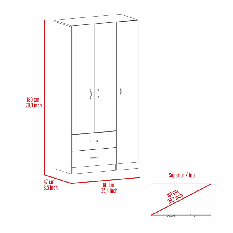 Armoire 3 portes avec tiroirs, tablettes et tringle de suspension - Blanc