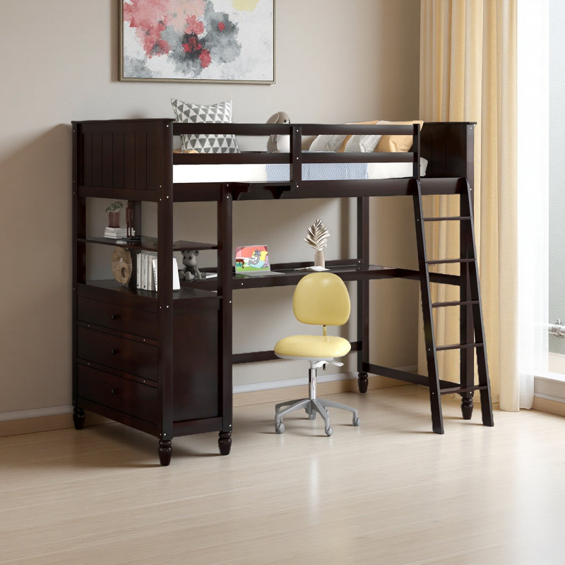 Lit mezzanine simple avec tiroirs et bureau, lit mezzanine en bois avec tablettes