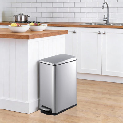Slim Trash Can with Lid, 12 Gal (45 L) Stainless Steel Kitchen Garbage Can with Inner Bucket and Step On Foot Pedal, Narrow Metal Trash Bin, Silver