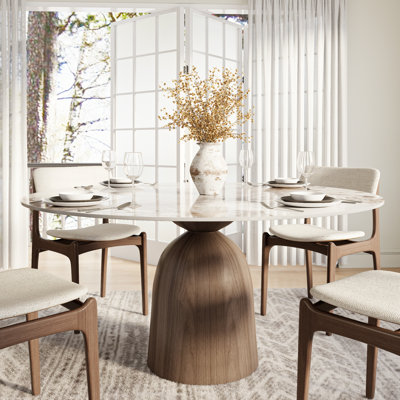 Amberly Luxurious Round Dining Table | Travertine & Stone Top With Solid Wood Base – Modern Design For Home & Entertaining