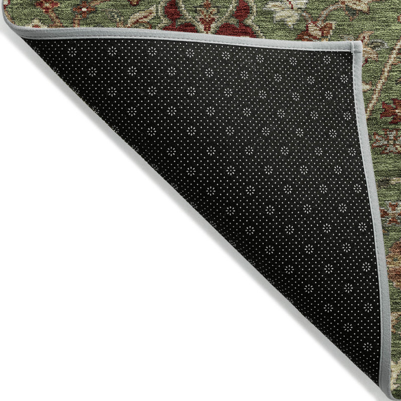 Green and Red Floral Synthetic Washable 5' x 7' Area Rug