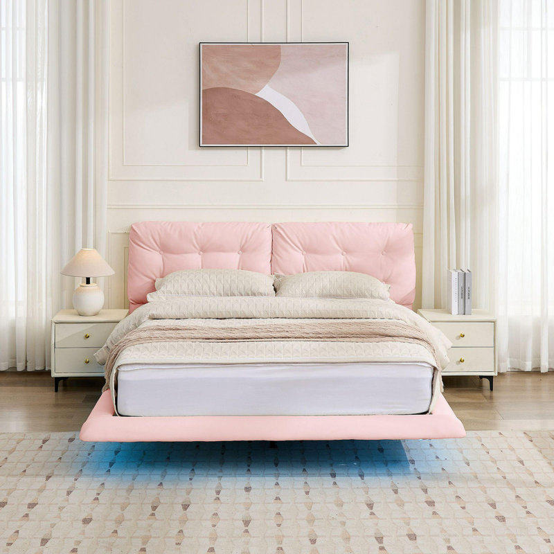 Upholstered Floating Bed Frame With LED Lights Pu Leather Platform Bed With Button-Tufted Headboard Easy Assembly No Box Spring Needed