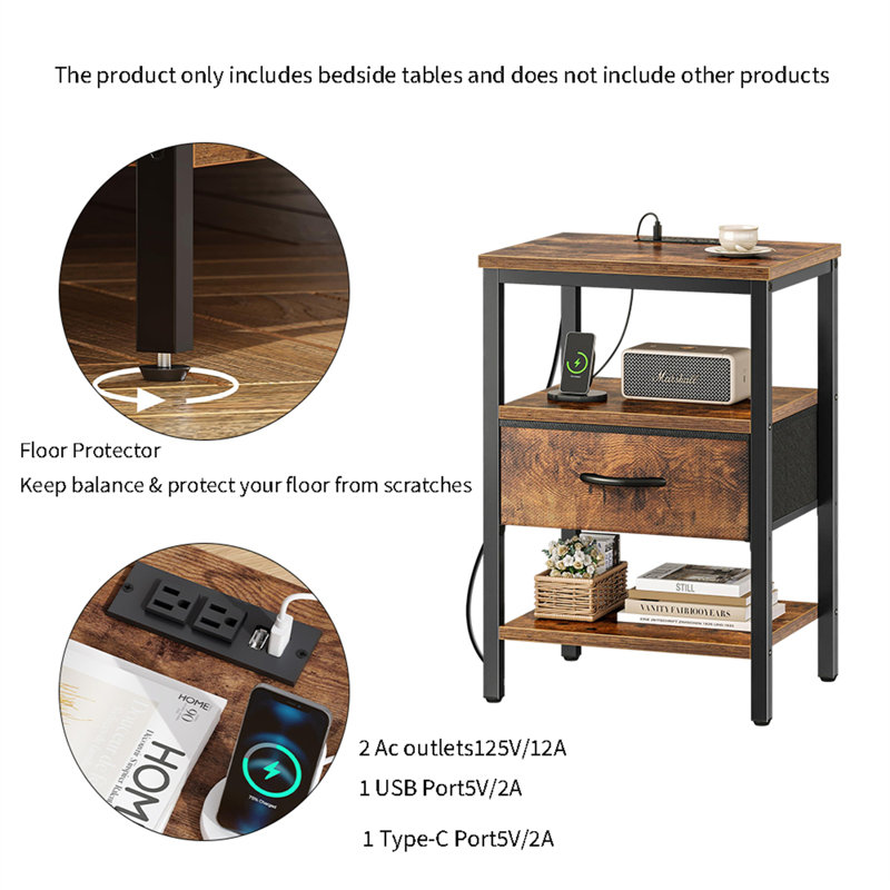 Multi-Functional Bedside Table With Charging Station & Adjustable Fabric Drawer, Rustic Brown/Black