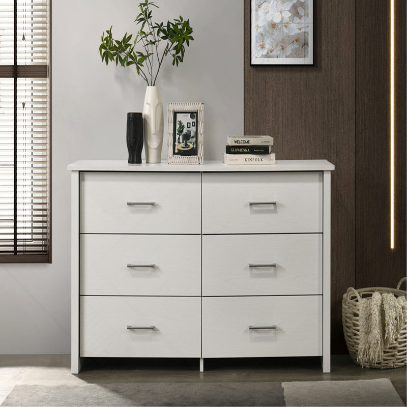 Commode 6 tiroirs 57 po avec poignées, Blanc
