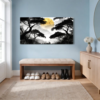 Silhouette Trees And Golden Moon Canvas Wrapped Wall Art Oil Painting Print Set Of 1