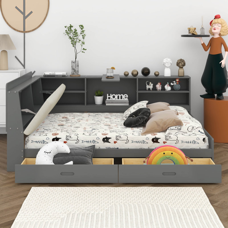 Platform Bed Frame With Hidden Storage Headboard, Rotatable Holder, Side Bookcase & 2 Drawers, Gray