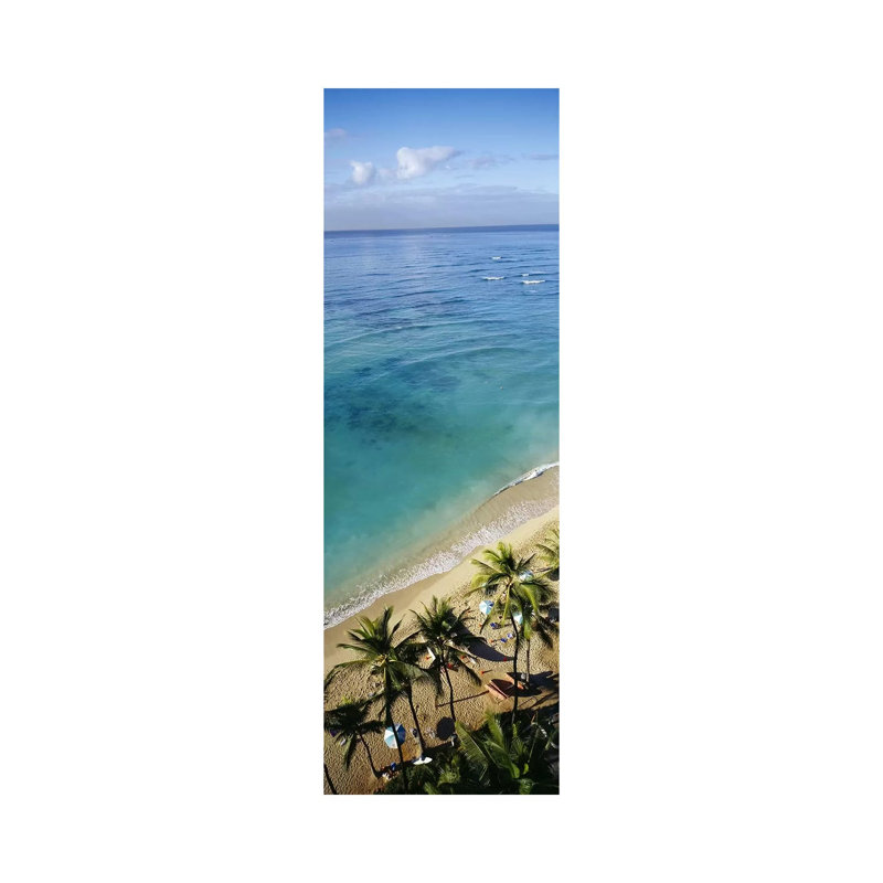 High Angle View Of Palm Trees With Beach Umbrellas On The Beach, Waikiki Beach, Honolulu, Oahu, Hawaii, USA - Wrapped Canvas Panoramic Print