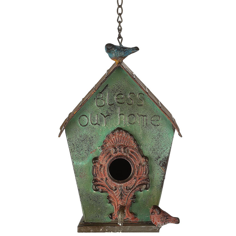 Green Distressed Metal Hanging Birdhouse with Cast Iron Birds