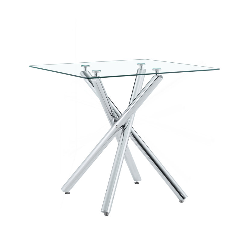 Table de bar moderne en métal galvanisé avec plateau en verre trempé, table de pub robuste à pieds croisés pour bar à la maison, îlot de cuisine, salon