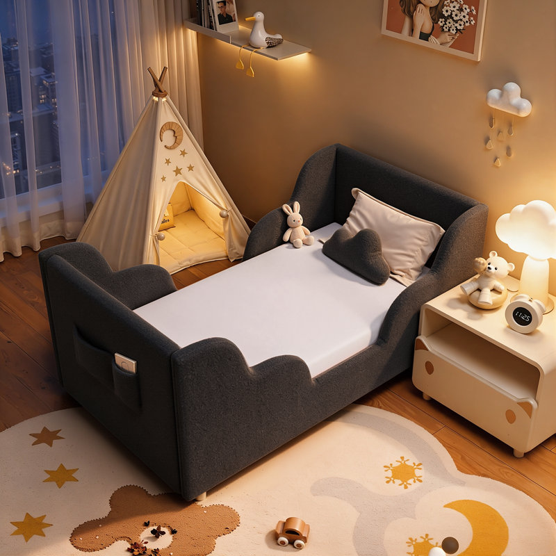 Structure de lit rembourré pour tout-petits avec coussin nuage et 2 poches de rangement intégrées, lit de plancher pour tout-petits, beige