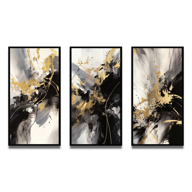 Gold And Grey Fluid Fusion - Abstract Art Set Of 3 Pieces, Black Floater Framed, 32" H x 48" W